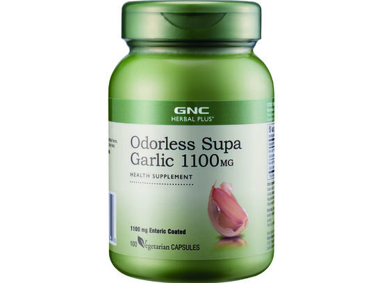 GNC Herbal Plus Odorless Supa Garlic 1100mg 100 vegetable capsules (front bottle)